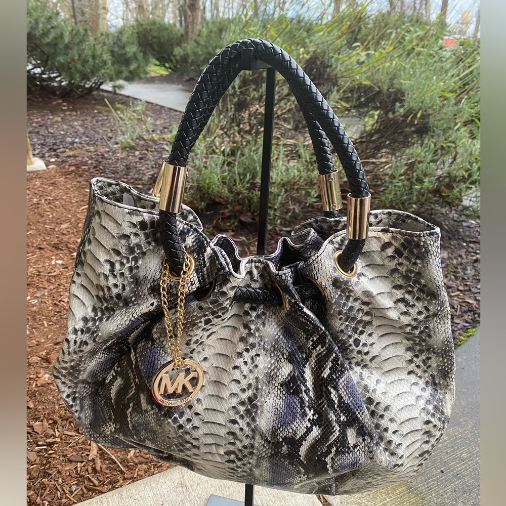 Michael Kors Black and White Snake Print Shoulder Bag